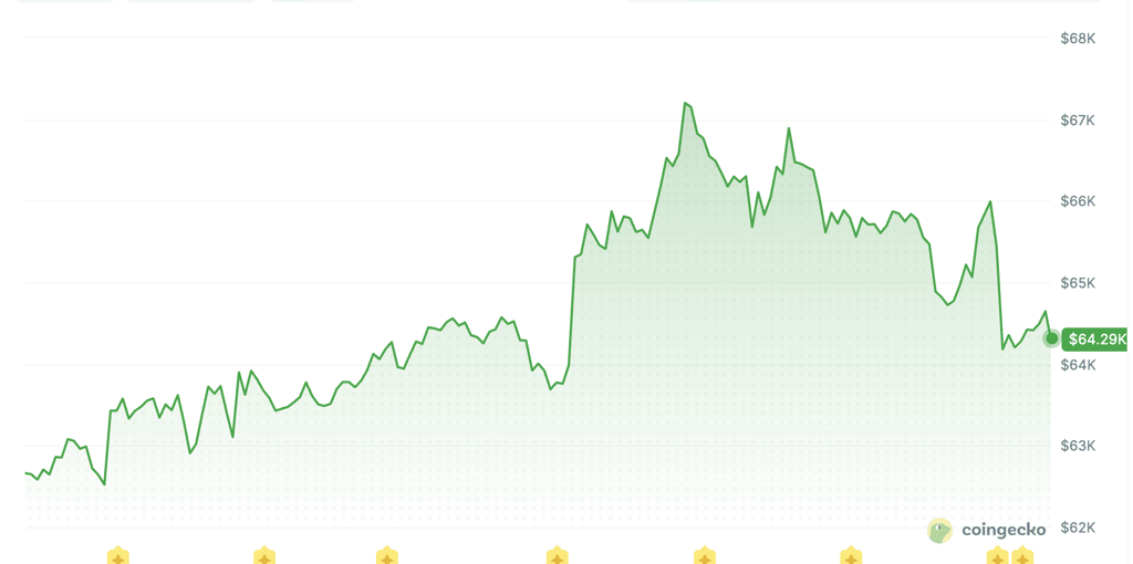 Bitcoin-Kurs fällt in Richtung 64.000 US-Dollar. Quelle: CoinGecko.