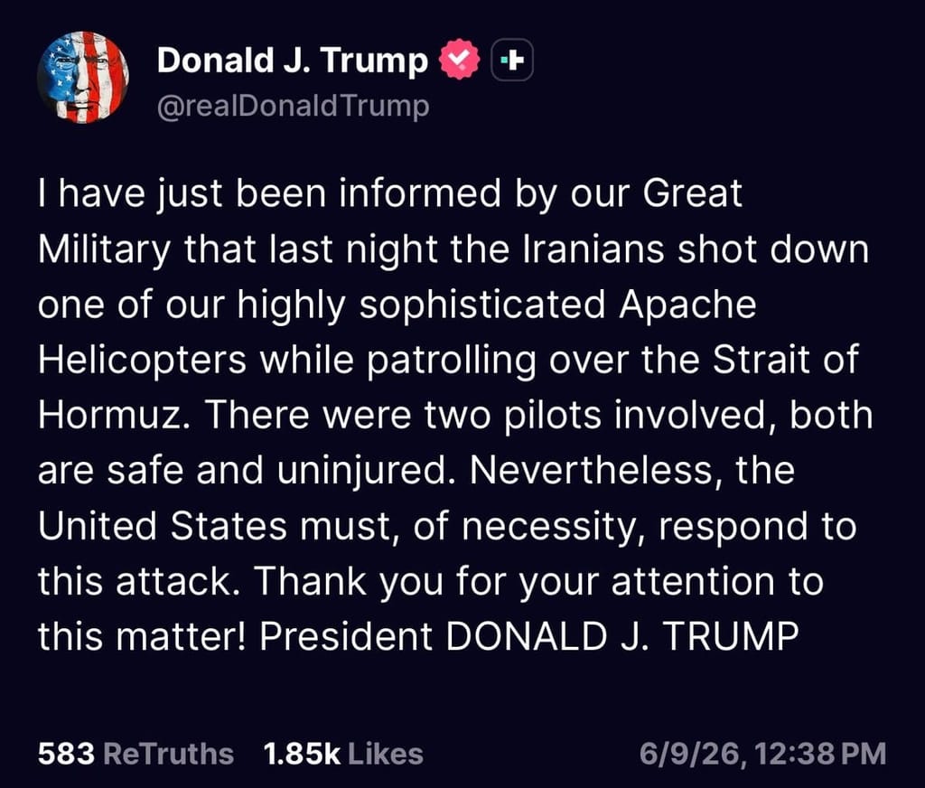 Mitteilung von Donald Trump über den abgestürzten Hubschrauber. Quelle: Truth Social.