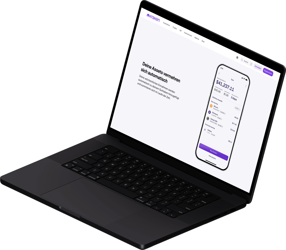 Laptop mit der Kraken Plattform zur Anzeige von Krypto Earn Funktionen und automatischen Einnahmen aus Kryptowaehrungen