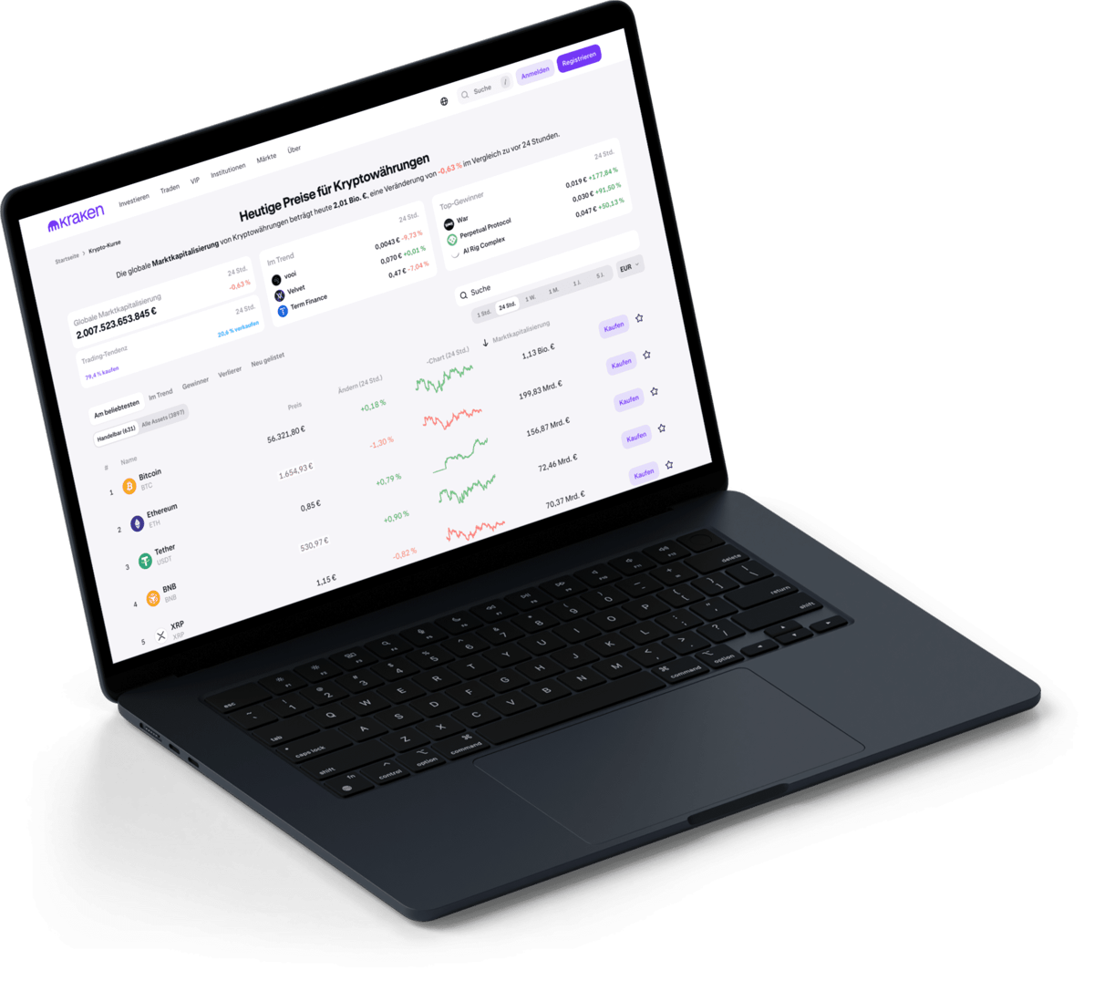 Laptop mit der Kraken Plattform zur Anzeige von Kryptowaehrungen Preisen und Trading Marktuebersicht