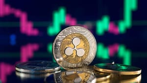 Een afbeelding van een XRP munt, met op de achtergrond een dalende en daarna hard stijgende koers Een afbeelding van een XRP munt, met op de achtergrond een dalende en daarna hard stijgende koers
