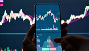 Een crypto handelaar analyseert de bitcoin koers op zijn mobiel, met op de achtergrond een groter scherm met marktdata Een crypto handelaar analyseert de bitcoin koers op zijn mobiel, met op de achtergrond een groter scherm met marktdata