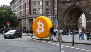 Een groot bitcoin logo in een drukke stad Een groot bitcoin logo in een drukke stad