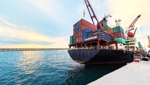 Een groot commercieel vrachtschip, ten tijde van een handelsoorlog tussen de Verenigde Staten en concurrerende landen Een groot commercieel vrachtschip, ten tijde van een handelsoorlog tussen de Verenigde Staten en concurrerende landen