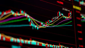 Een rood-groene candle chart met een stijgende lijn en technische indicatoren Een rood-groene candle chart met een stijgende lijn en technische indicatoren