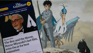 Foto van Studio Ghibli film Boy and Heron met foto van Hayao Miyazaki