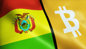 Foto van vlag van Bolivia en Bitcoin logo Foto van vlag van Bolivia en Bitcoin logo