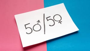 een foto van 50/50 en een roze en blauwe vlak waarop ook de icoontjes van man en vrouw te zien zijn