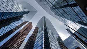 Verschillende grote glazen wolkenkrabbers/gebouwen in een financieel district van een grote stad
