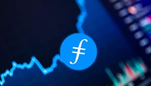 Een afbeelding van het logo van filecoin, een oude cryptomunt (dinocoin), met op de achtergrond een koers Een afbeelding van het logo van filecoin, een oude cryptomunt (dinocoin), met op de achtergrond een koers