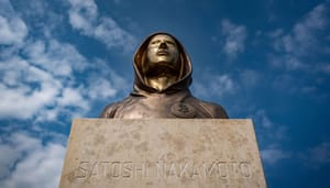 Een afbeelding van het standbeeld van Satoshi Nakamoto, het pseudoniem van de onbekende oprichter van bitcoin (BTC), wiens identiteit nooit achterhaald is