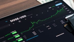 Een afbeelding van een groene stijgende dogecoin (DOGE) koers op een scherm