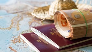 Een afbeelding met 50 euro bankbiljetten op een twee paspoorten met een kaart en een vakantiehoed op de achtergrond Een afbeelding met 50 euro bankbiljetten op een twee paspoorten met een kaart en een vakantiehoed op de achtergrond