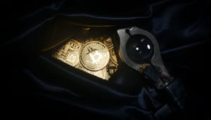 Een afbeelding van bitcoin munten in een weekendtas, vaak gebruikt bij een overval, en een vergrootglas om de zaak te belichten Een afbeelding van bitcoin munten in een weekendtas, vaak gebruikt bij een overval, en een vergrootglas om de zaak te belichten