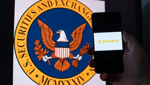 Foto van Binance en SEC logo's Foto van Binance en SEC logo's