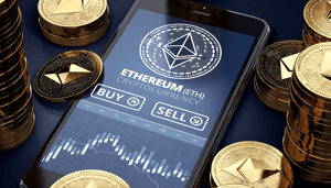 Foto van mobiel met Ethereum logo grafiek en munten