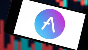 Een afbeelding van de cryptomunt Aave (AAVE), met een grafiek van een koers op de achtergrond Een afbeelding van de cryptomunt Aave (AAVE), met een grafiek van een koers op de achtergrond