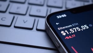 Een afbeelding van een lage, rode ethereum (ETH) koers op een mobiele telefoon bij een toetsenbord
