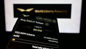 Een afbeelding van de cryptomunt World Liberty Financial (WLFI), de token van de familie Trump Een afbeelding van de cryptomunt World Liberty Financial (WLFI), de token van de familie Trump