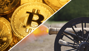 Een afbeelding van een bitcoin burgeroorlog split image