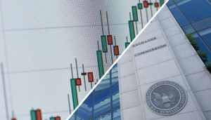 Een split image van een stijgende koers en de financiele waakhond SEC Aktie steigt 1.700 % nach Krypto-Plan – US-Behörde greift ein