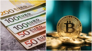 Euro biljetten en een bitcoin munt Euro biljetten en een bitcoin munt