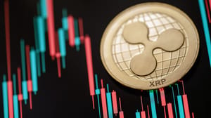 Een afbeelding van de XRP koers met een grafiek op de achtergrond van de koers die veel volatiliteit toont Een afbeelding van de XRP koers met een grafiek op de achtergrond van de koers die veel volatiliteit toont