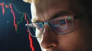 Een afbeelding van een crypto handelaar die naar een zeer volatiele koers van de prijs van een munt aan het kijken is Een afbeelding van een crypto handelaar die naar een zeer volatiele koers van de prijs van een munt aan het kijken is