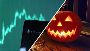 Een afbeelding van het ethereum logo met een koers en rechts een halloween pompoen Experte erkennt „unheimliches“ Muster – Ethereum könnte steigen