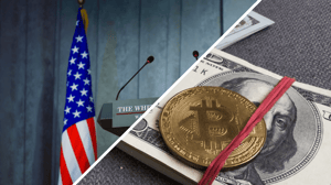 Afbeelding met Bitcoin munt en Amerikaanse vlag Afbeelding met Bitcoin munt en Amerikaanse vlag
