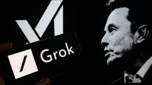 Een afbeelding van Grok AI, met op de achtergrond het gezicht van Elon Musk en zijn AI bedrijf