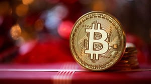 Een afbeelding van een bitcoin munt op een kerst cadeautje Een afbeelding van een bitcoin munt op een kerst cadeautje