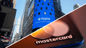 Een split image van Ripple, het bedrijf achter XRP, dat wordt afgebeeld op de Nasdaq, en een creditcard van Mastercard Een split image van Ripple, het bedrijf achter XRP, dat wordt afgebeeld op de Nasdaq, en een creditcard van Mastercard