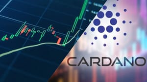 Afbeelding met Cardano logo en stijgende koersgrafiek