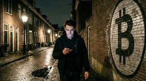 Jongeman loopt op straat met bitcoin grafiti op muur - AI-generated