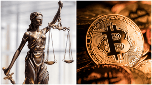 Vrouw Justitia en Bitcoin munten Vrouw Justitia en Bitcoin munten