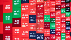 Een afbeelding van verschillende aandelen in een box graph met rode en groene blokken en stijgingen en dalingen, rood, groen Een afbeelding van verschillende aandelen in een box graph met rode en groene blokken en stijgingen en dalingen, rood, groen