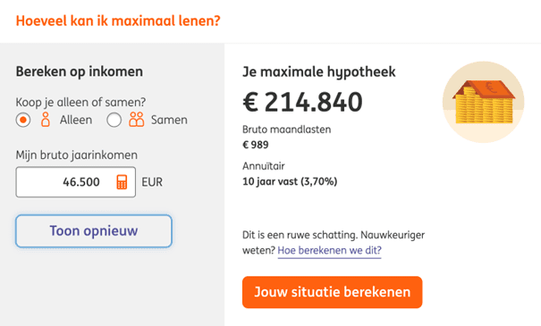 Voer hier simpelweg jouw inkomen (en dat van je partner) in om je maximale hypotheek te berekenen. Bron ‘ING rekentool’