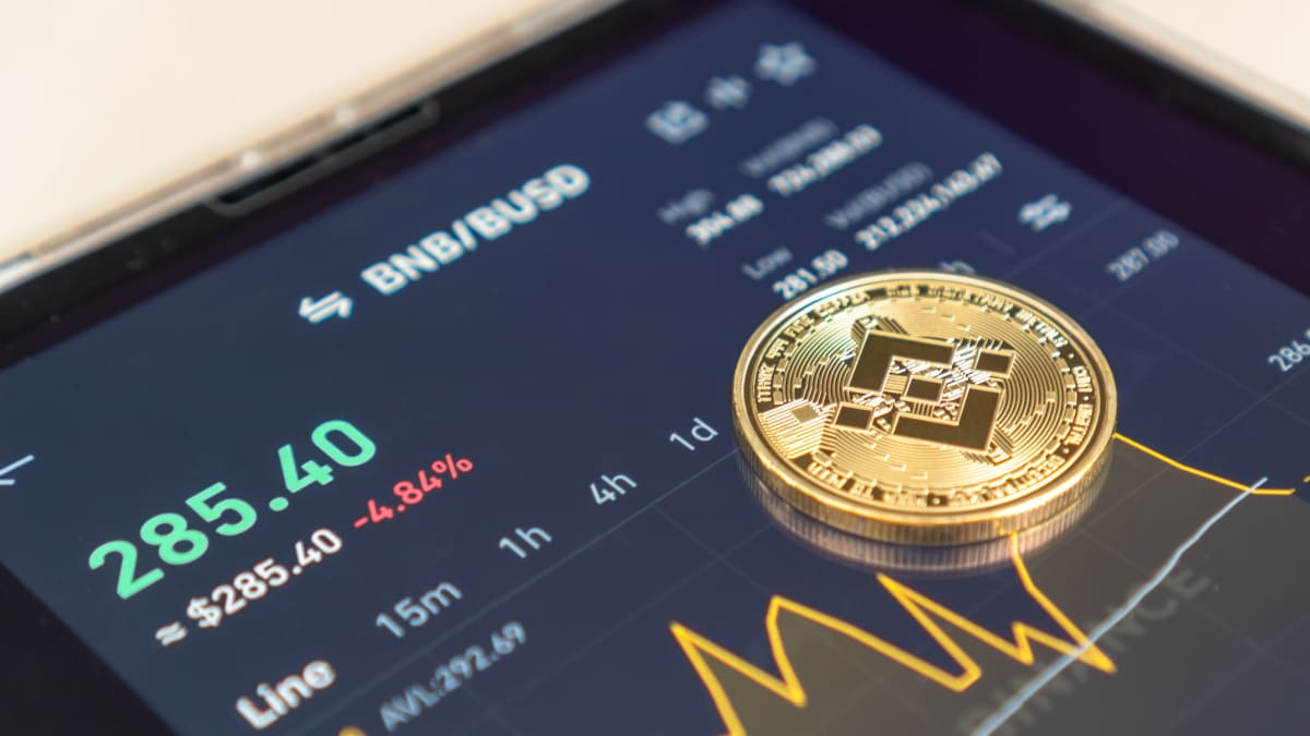 Een afbeelding van de cryptomunt BNB met daarbij een een koers en een grafiek op de pagina van de token op een cryptobeurs Een afbeelding van de cryptomunt BNB met daarbij een een koers en een grafiek op de pagina van de token op een cryptobeurs