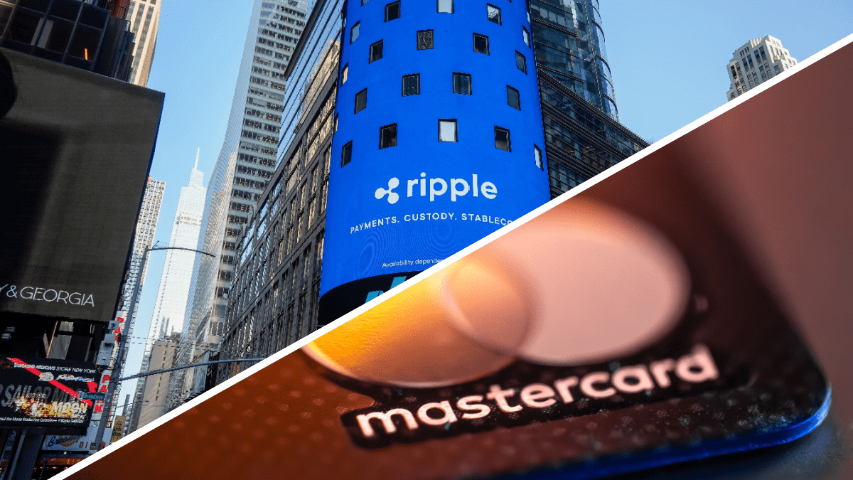 Een split image van Ripple, het bedrijf achter XRP, dat wordt afgebeeld op de Nasdaq, en een creditcard van Mastercard Een split image van Ripple, het bedrijf achter XRP, dat wordt afgebeeld op de Nasdaq, en een creditcard van Mastercard