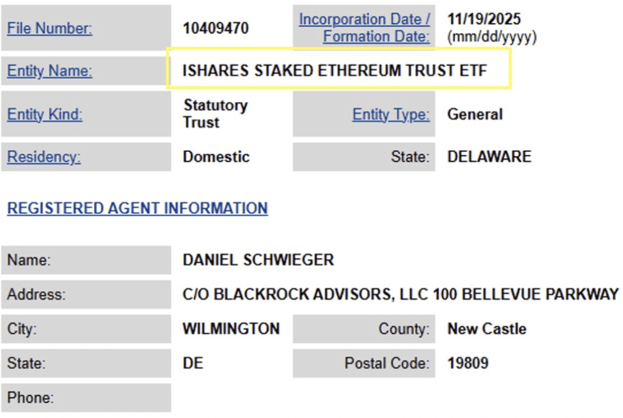 Het document van de naamregistratie ingediend door BlackRock in Delaware. Bron: Eric Balchunas op X