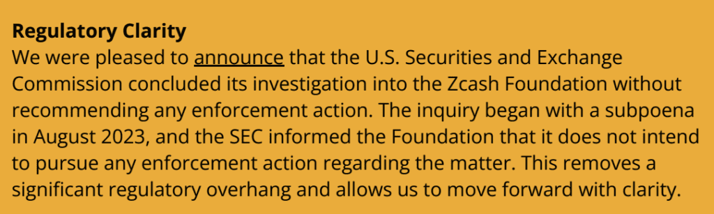 Zcash Foundation meldet Abschluss der SEC-Untersuchung ohne Anklage. Quelle: Zcash Foundation.